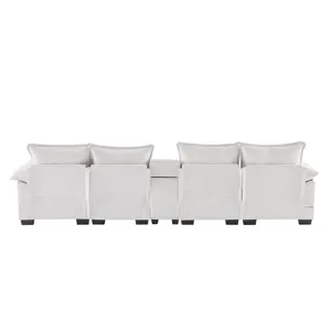 Modern U Shaped Sofa With Console, Cupholders And USB Ports, 6 Seat Upholstered Symmetrical Indoor F