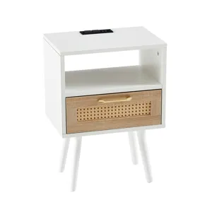 15.75\" Rattan End Table With Power Outlet & USB Ports, Modern Nightstand With Drawer And Solid Wood