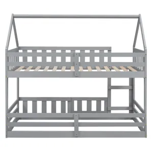 Twin Over Twin House Bunk Bed With Fence And Door - Gray