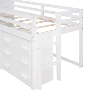 Twin Size Loft Bed With Cabinet And Shelf - White