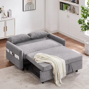 Pull Out Sleep Sofa Bed Loveseats Sofa Couch With Adjsutable Backrest, Storage Pockets, 2 Soft Pillo