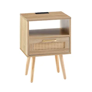 15.75\" Rattan End Table With Power Outlet & USB Ports, Modern Nightstand With Drawer And Solid Wood