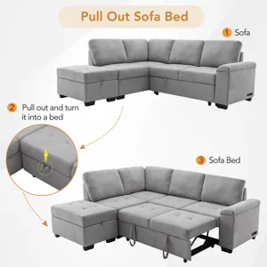 Sleeper Sectional Sofa, L-Shape Corner Couch Sofa - Bed With Storage Ottoman & Hidden Arm Storage & 
