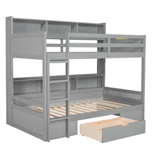 Twin Size Bunk Bed With Built-In Shelves Beside Both Upper And Down Bed And Storage Drawer - Gray