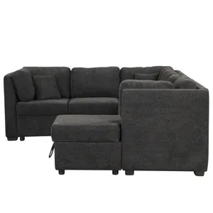 U-Shaped Sectional Sofa Pull Out Sofa Bed With Two USB Ports, Two Power Sockets, Three Back Pillows 