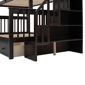 Twin Over Full Stairway Bunk Bed With Drawer, Storage And Guard Rail For Bedroom, Dorm, For Adults -