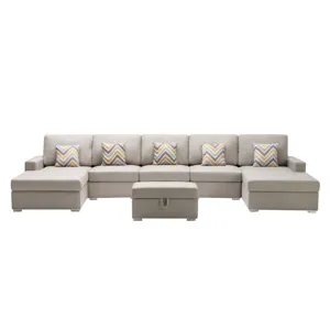 Nolan - Linen Fabric 6 Piece Double Chaise Sectional Sofa With Interchangeable Legs, Storage Ottoman