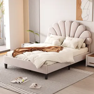 Full Size Upholstered Platform Bed With Flower Pattern Velvet Headboard - Beige