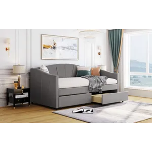 Twin Size Upholstered Daybed With Two Drawers And Wood Slat - Gray
