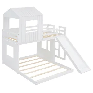 Wooden Twin Over Full Bunk Bed, Loft Bed With Playhouse, Farmhouse, Ladder, Slide And Guardrails - W