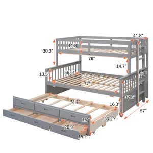Twin Over Full Bunk Bed With Twin Size Trundle, Separable Bunk Bed With Drawers For Bedroom - Gray