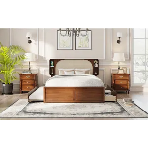 Queen Size Rattan Headboard Bed With Two Drawers And Trundle Walnut