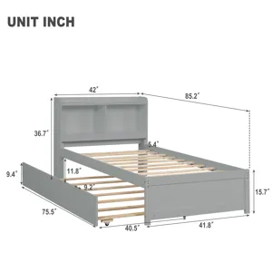 Twin Bed With Trundle, Bookcase - Gray