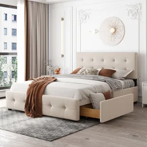 Queen Size Upholstered Platform Bed With Classic Headboard And 4 Drawers, No Box Spring Needed - Bei