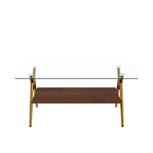 Rectangle Coffee Table With Tempered Glass Top And Golden Metal Legs, Modern Table For Living Room, 