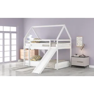 Twin Size Bunk House Bed With Slide And Ladder - White