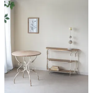 Three Tiered White Wooden Shelving Unit With Ornate Iron Frame - Multicolor
