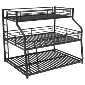 Twin Long / Full Long / Queen Triple Bunk Bed With Long And Short Ladder And Full-Length Guardrails 