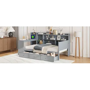 Twin Size Wooden Daybed With 3 Drawers, USB Ports And Desk - Gray