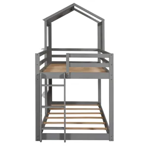 Twin Over Twin Bunk Bed Wood Bed With Roof, Window, Guardrail, Ladder - White