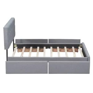 Queen Size Upholstered Platform Bed With Classic Headboard And 4 Drawers, No Box Spring Needed - Lig