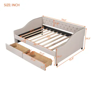Full Size Upholstered Daybed With Two Drawers, Wood Slat Support - Beige