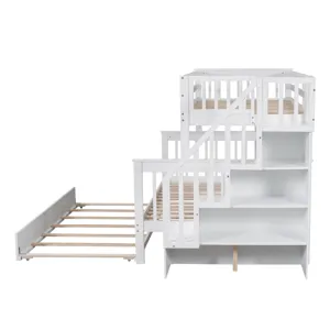 Twin Over Full Bunk Bed With Twin Size Trundle, Storage And Guard Rail For Bedroom, Dorm, For Adults