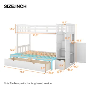 Twin Over Full / Twin Bunk Bed, Convertible Bottom Bed, Storage Shelves And Drawers - White