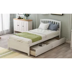 Twin Platform Storage Bed Wood Bed Frame With Two Drawers And Headboard - White