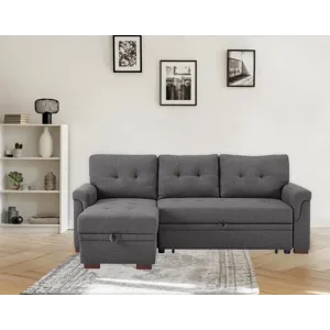 Sierra - Linen Reversible Sleeper Sectional Sofa With Storage Chaise - Dark Gray