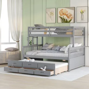 Twin Over Full Bunk Bed With Twin Size Trundle, Separable Bunk Bed With Drawers For Bedroom - Gray