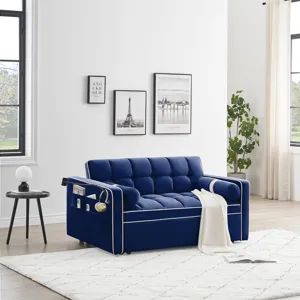 Modern Convertible Sleeper Sofa Couch With Pull Out Bed With Pillows & Side Pockets For Small Space,