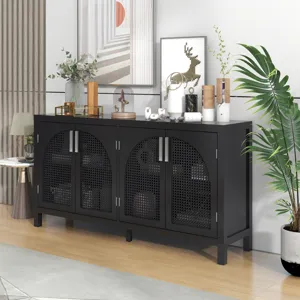 Large Storage Space Sideboard With Artificial Rattan Door And Metal Handles For Living Room And Entr
