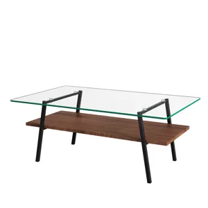 Rectangle Coffee Table, Tempered Glass Tabletop With Metal Legs, Modern Table For Living Room, Trans