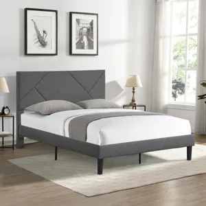 Queen Size Upholstered Platform Bed Frame With Headboard, Strong Wood Slat Support, Mattress Foundat
