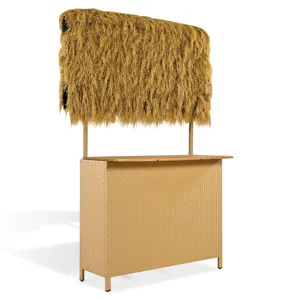 Hawaiian-Style Bar Height Patio Set With PE Grass Canopy, Outdoor Bar Table And Stools With Adjustab