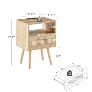 15.75\" Rattan End Table With Power Outlet & USB Ports, Modern Nightstand With Drawer And Solid Wood