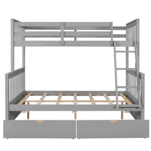 Twin Over Full Bunk Bed With Ladders And Two Storage Drawers - Gray
