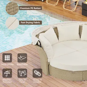 Outdoor Patio Daybed Wicker Rattan Double Daybed Round Sofa Furniture Set With Retractable Canopy, 4