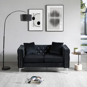 Wide Sofa With Jeweled Buttons Square Arm, 2 Pillows - Black