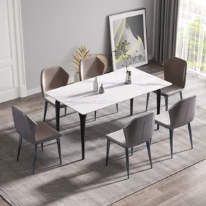 63\" Modern Artificial Stone White Straight Edge Black Metal Leg Dining Table, 6 People - White / Bl