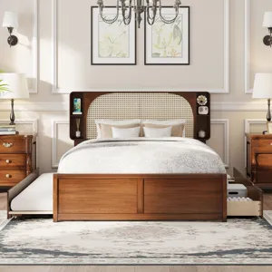 Queen Size Rattan Headboard Bed With Two Drawers And Trundle Walnut