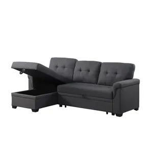 Lucca - Linen Reversible Sleeper Sectional Sofa With Storage Chaise - Dark Gray