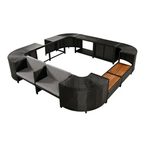 Spa Surround Spa Frame Quadrilateral Outdoor Rattan Sectional Sofa Set With Mini Sofa, Wooden Seats 