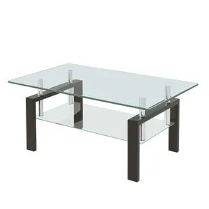 Tempered Clear Glass Coffee Table, 2-Layers Coffee Table Living Room Center Table - Black