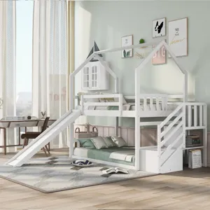 Twin Over Twin House Bunk Bed With Convertible Slide, Storage Staircase - White