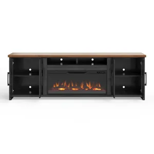 Bridgevine Home - Essex 97\" Fireplace TV Stand Console - Black and Whiskey Finish