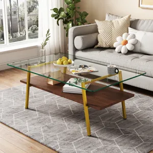 Rectangle Coffee Table, Tempered Glass Tabletop With Gold Metal Legs, Modern Table For Living Room, 