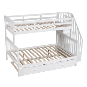 Twin Over Full Bunk Bed With Twin Size Trundle, Storage And Guard Rail For Bedroom, Dorm, For Adults