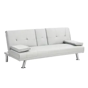 Sofa Bed With Armrest Two Holders Wood Frame, Stainless Leg, Futon - White